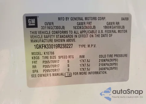 2009 GMC Yukon Slt2 из США, поврежденный, VIN 1GKFK33019R238227